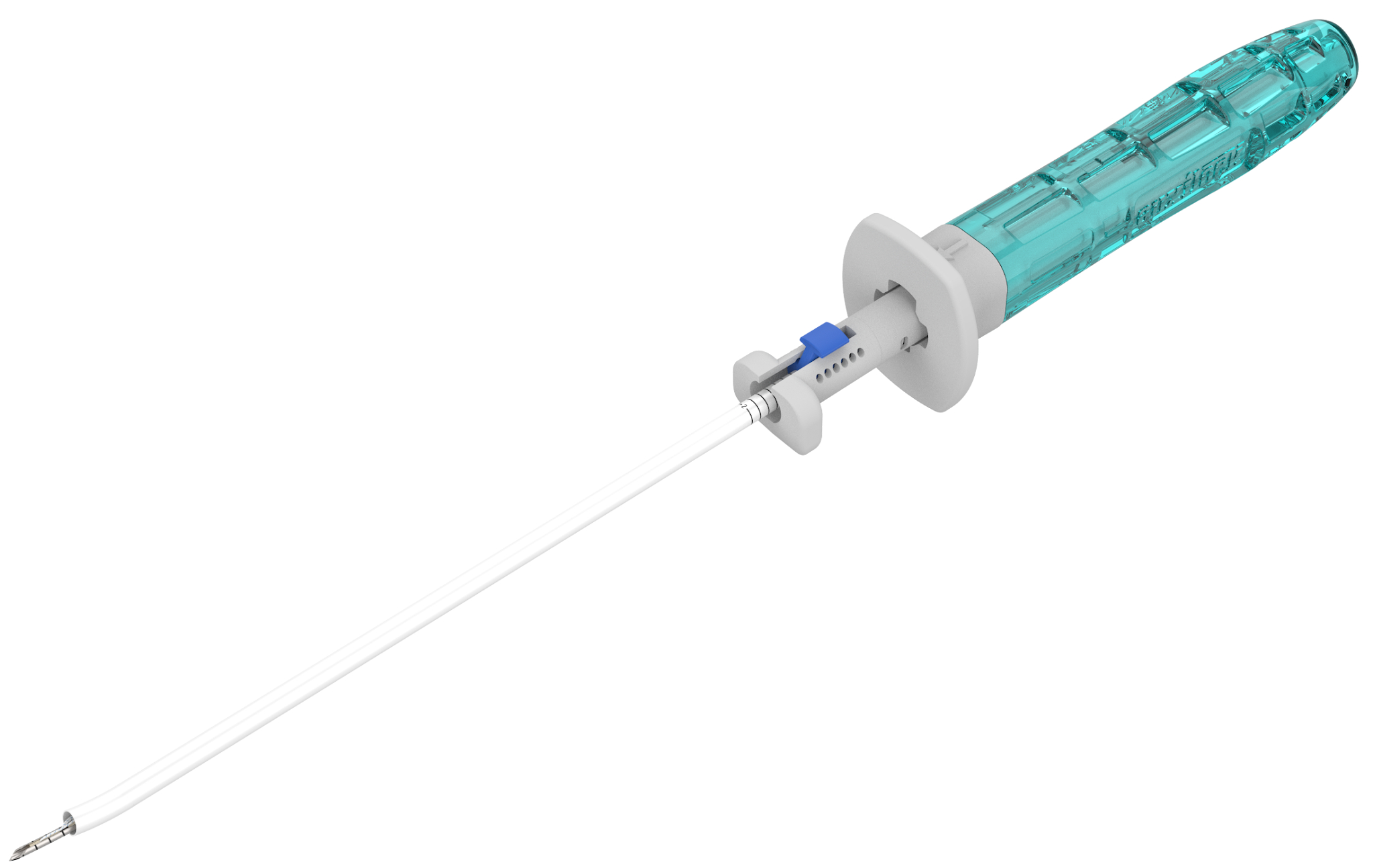 Syringe with a teal transparent barrel and needle, ready for injection (medical tool).