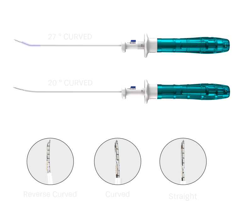 Two dental endodontic files with blue handles showing a 27° curved tip and a 20° curved tip, plus three magnified tip views labeled Reverse Curved, Curved, Straight.