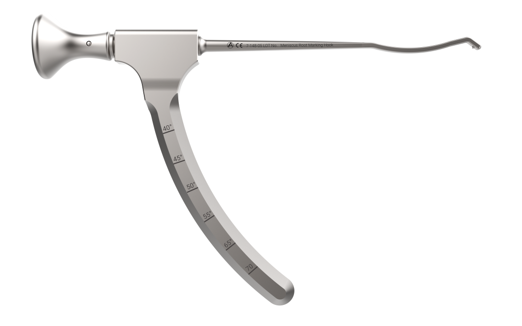 Metal surgical instrument with a curved, angled blade showing degree marks (40°–70°) along the handle for measuring or setting angle during procedures.