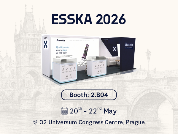 ESSKA 2026 promotional banner showing booth 2.B04 with event dates May 20–22 at the Universum Congress Centre, Prague (city skyline backdrop).