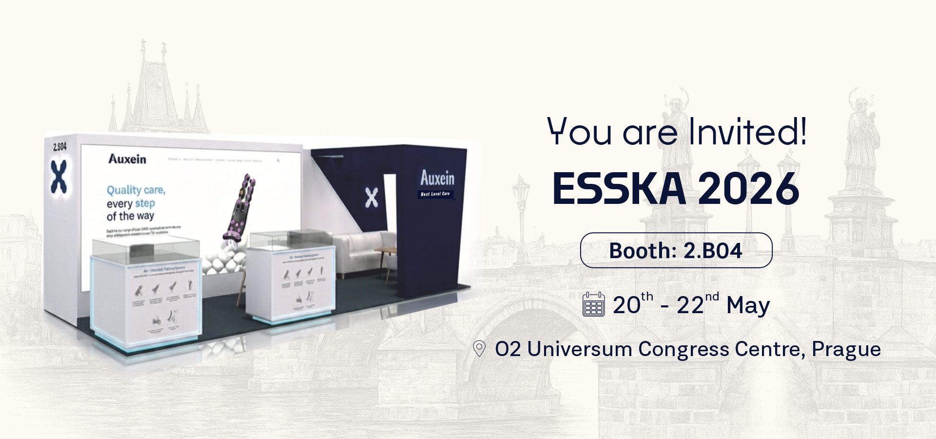 Invitation to ESSKA 2026 at Universum Congress Centre, Prague — Booth 2.B04, May 20–22.