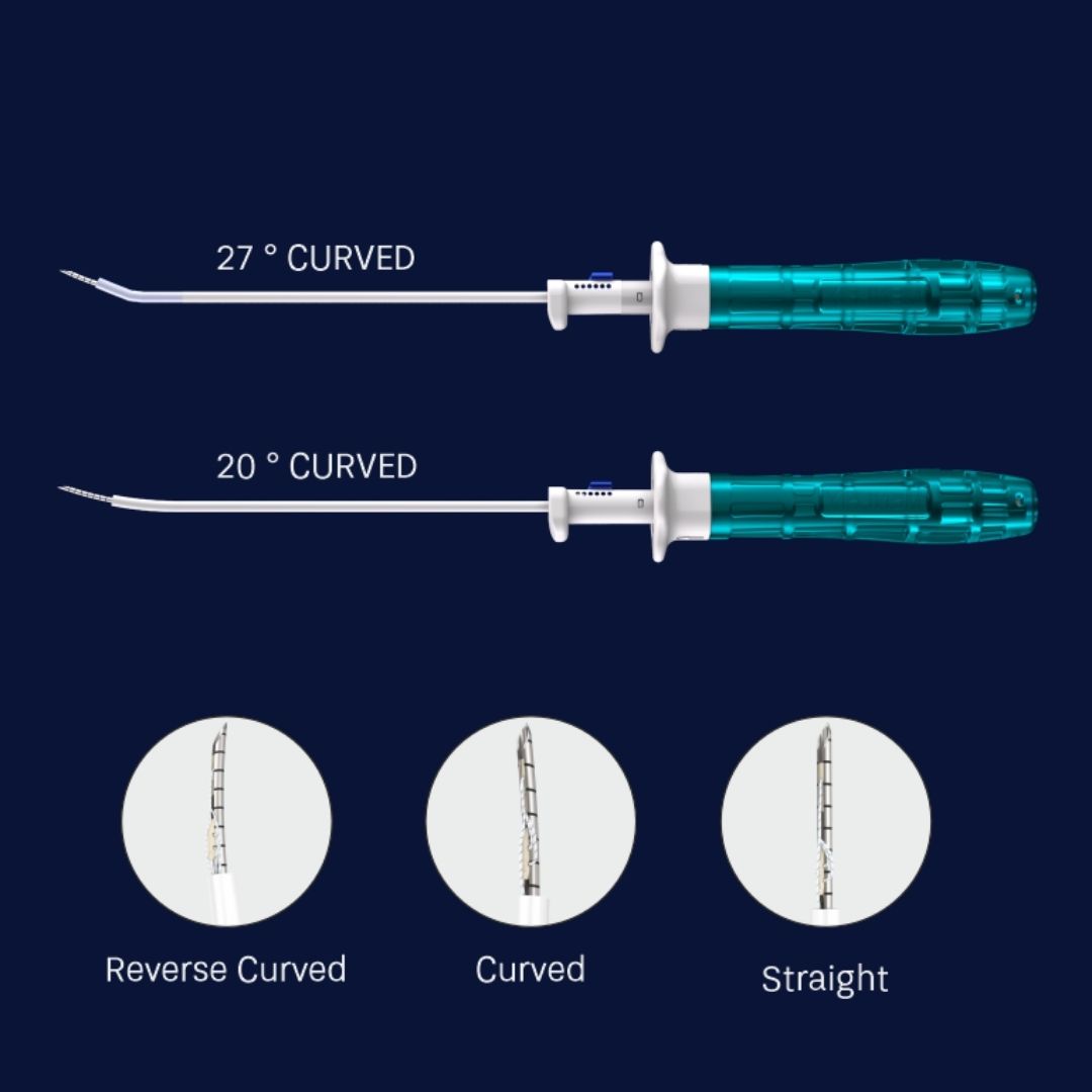 Comparison of two curved surgical/guidewire tools (27° curved vs 20° curved) with three tip options: reverse curved, curved, and straight.