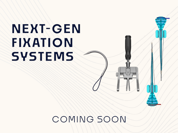 Promotional banner: text reads 'Next-Gen Fixation Systems' with three surgical fixation devices on the right and 'Coming Soon' below.