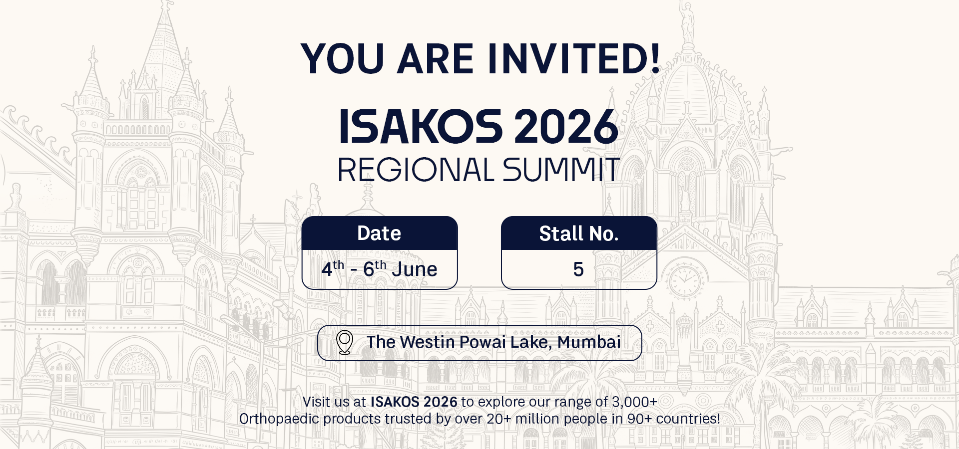 Invitation banner for ISAKOS 2026 Regional Summit in Mumbai with dates June 4–6 and stall 5 at The Westin Powai Lake.