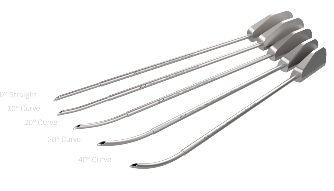 Set of dental endodontic files arranged by increasing curvature from straight to 40° curve tips.”