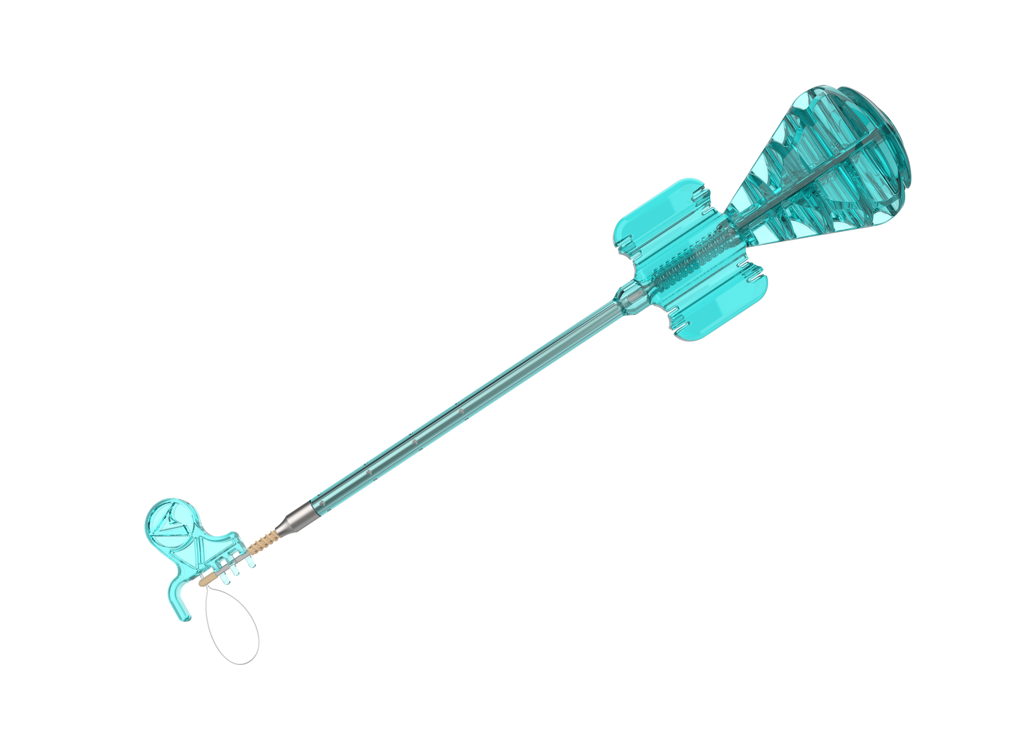 Transparent teal medical instrument with a long slender shaft and a complex, claw-like tip set against a black background