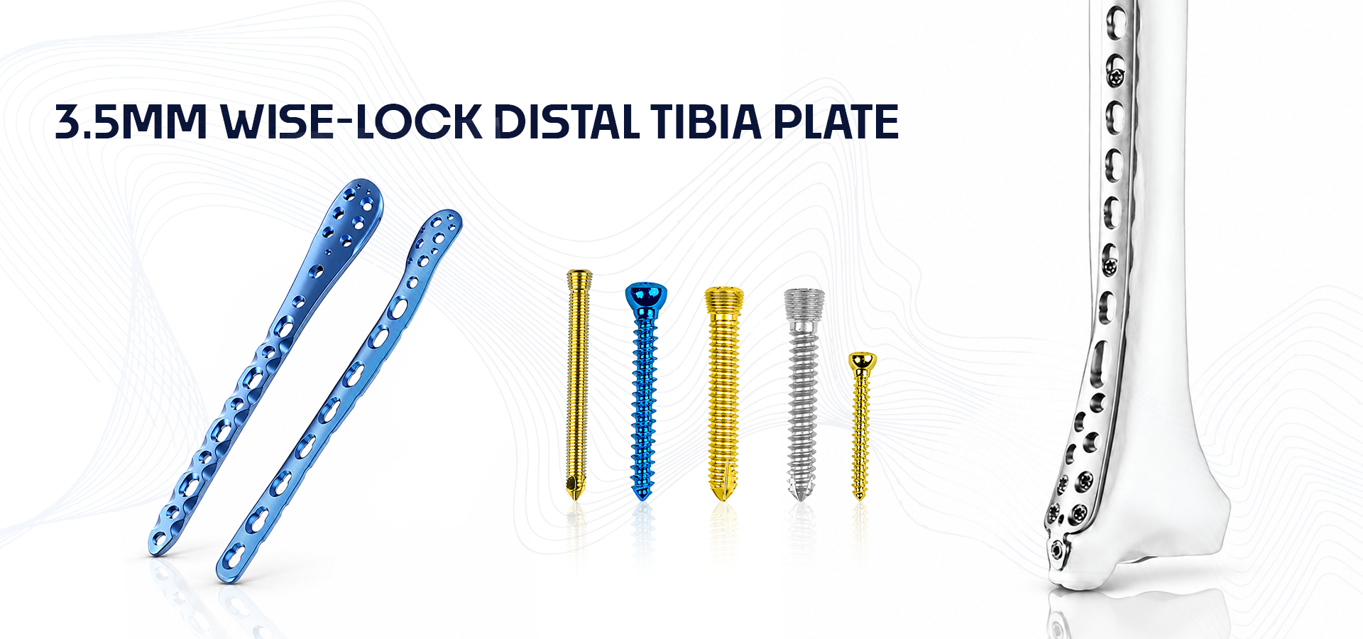 3.5mm Wise-Lock distal tibia plate with assorted surgical screws on a white background (orthopedic hardware)