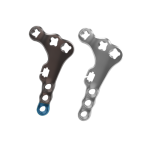 Two metal bone plates with multiple screw holes, one dark and one light, used for fracture fixation in orthopedic surgery.