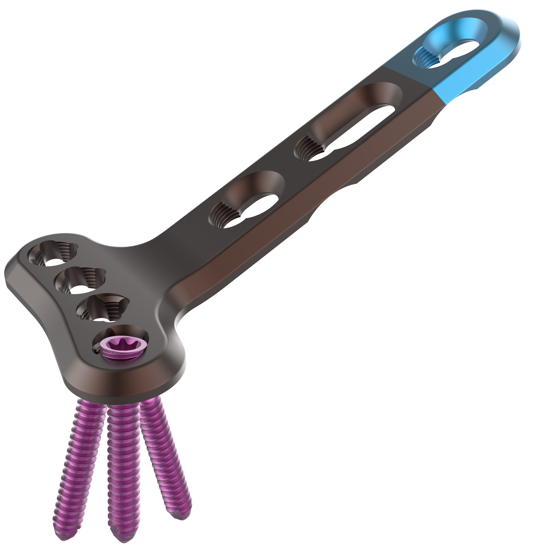3D render of a curved dark metal linkage with several circular holes and purple threaded bolts extending from the end; blue connector at the opposite end.