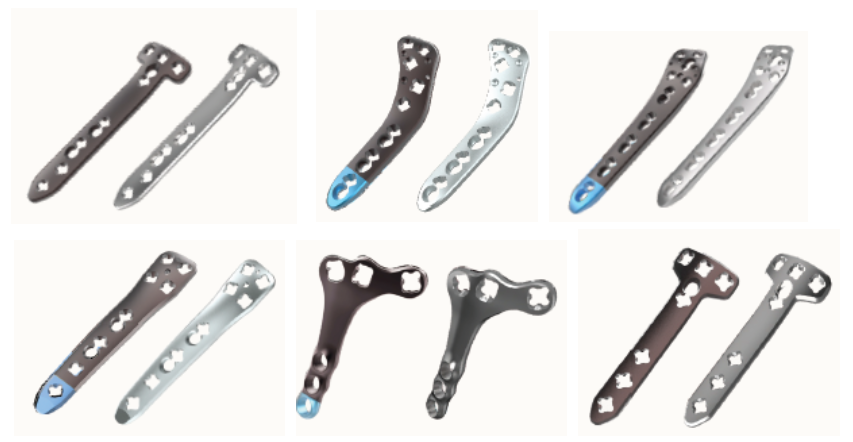 Collage of six metal orthopedic bone plates with multiple screw holes in gray, black, and silver finishes, some with blue accents