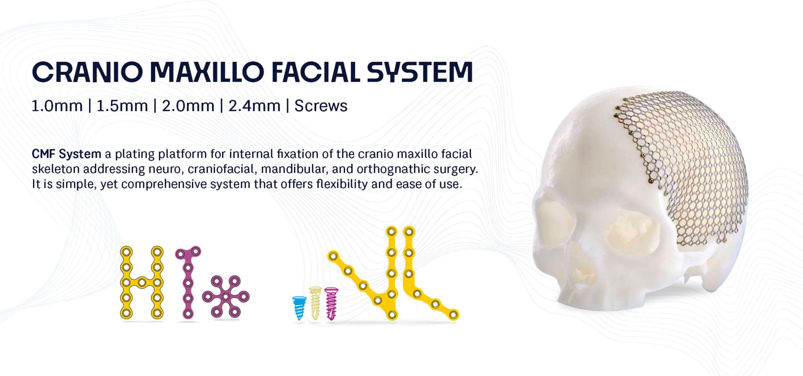 Banner for a craniomaxillofacial system showing a skull wearing a mesh cranial implant on the right with colorful fixation hardware along the bottom.
