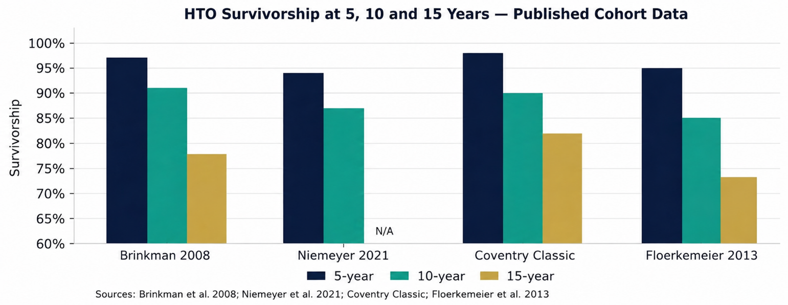 Bar chart comparing 5-, 10-, and 15-year survivorship by published cohort: Brinkman 2008 (~97%, ~90%, ~78%), Niemeyer 2021 (~94%, ~87%, N/A), Coventry Classic (~97%, ~90%, ~82%), Floerkeimoier 2013 (~95%, ~85%, ~73%). Legend shows dark blue=5-year, teal=10-year, gold=15-year.