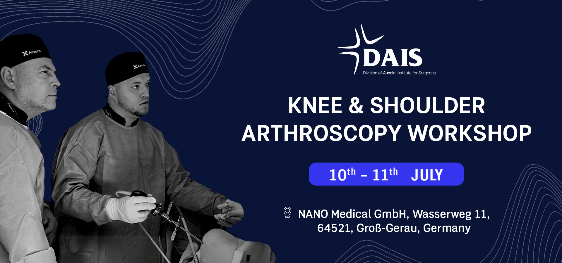 Promotional banner for Knee & Shoulder Arthroscopy Workshop, July 10–11, at Nano Medical GmbH, Germany.
