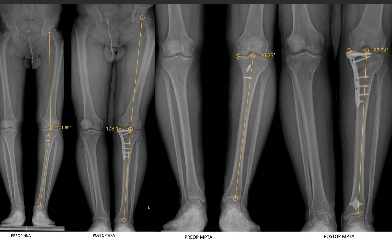 Full-leg radiographs showing both legs with external fixation hardware and intramedullary implants, with alignment angles noted (e.g., ~170–178°).