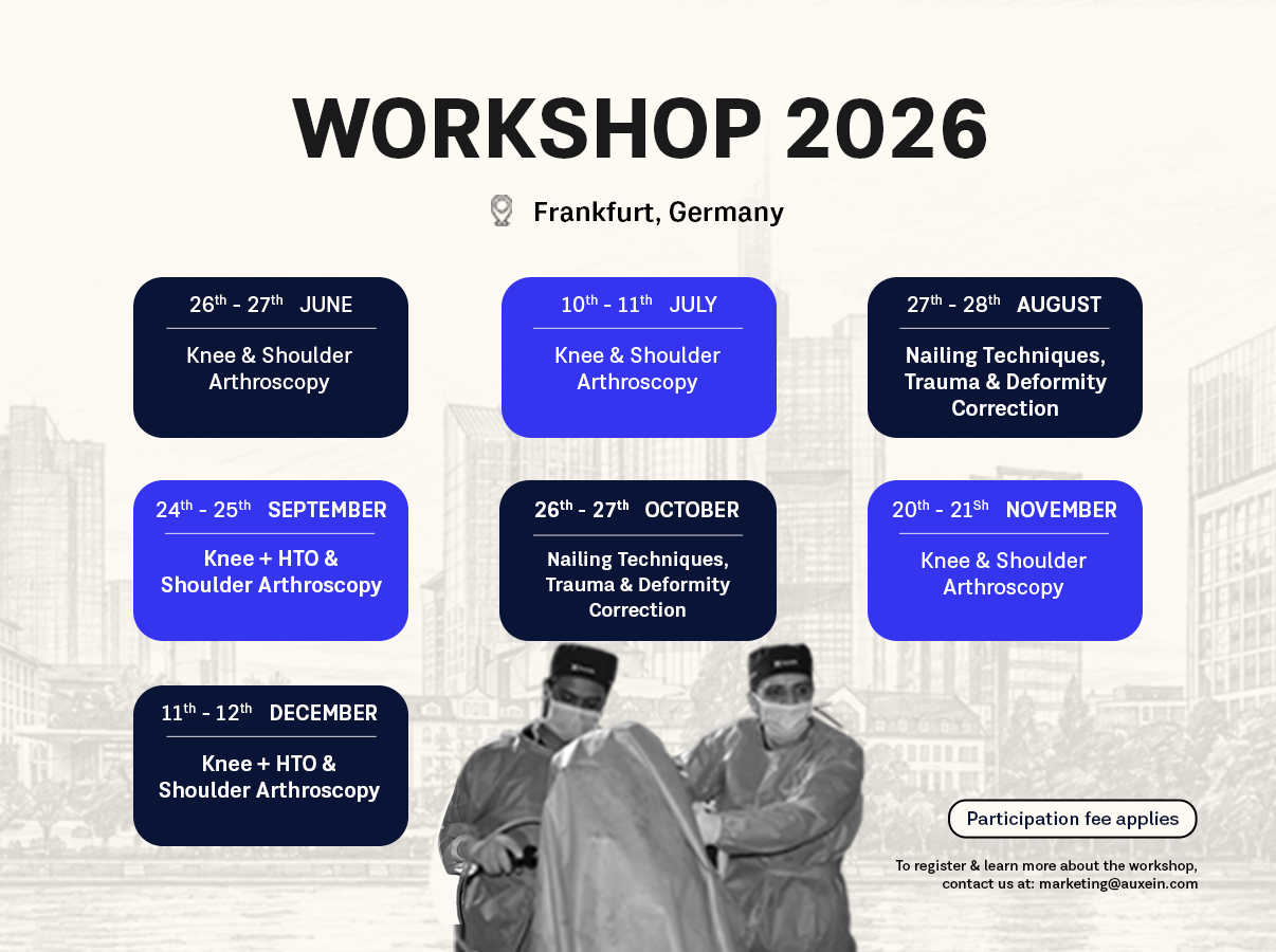 Poster for Workshop 2026 in Frankfurt, Germany, listing dates and topics such as knee and shoulder arthroscopy and nail techniques across multiple months.