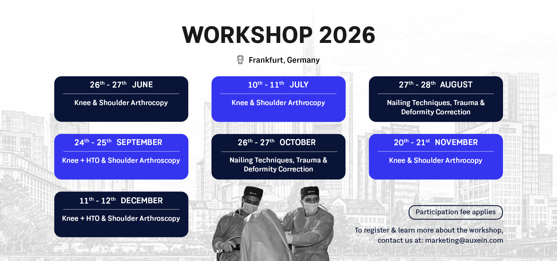 Event poster for Workshop 2026 in Frankfurt, Germany showing multiple knee and shoulder arthroscopy sessions with dates and topics on rounded cards