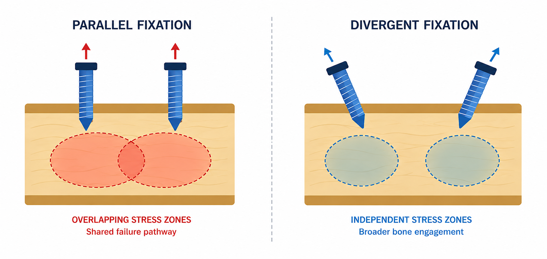 Comparison of fixation methods: left panel shows two vertical screws with overlapping red stress zones; right panel shows two angled screws with separate blue stress zones.