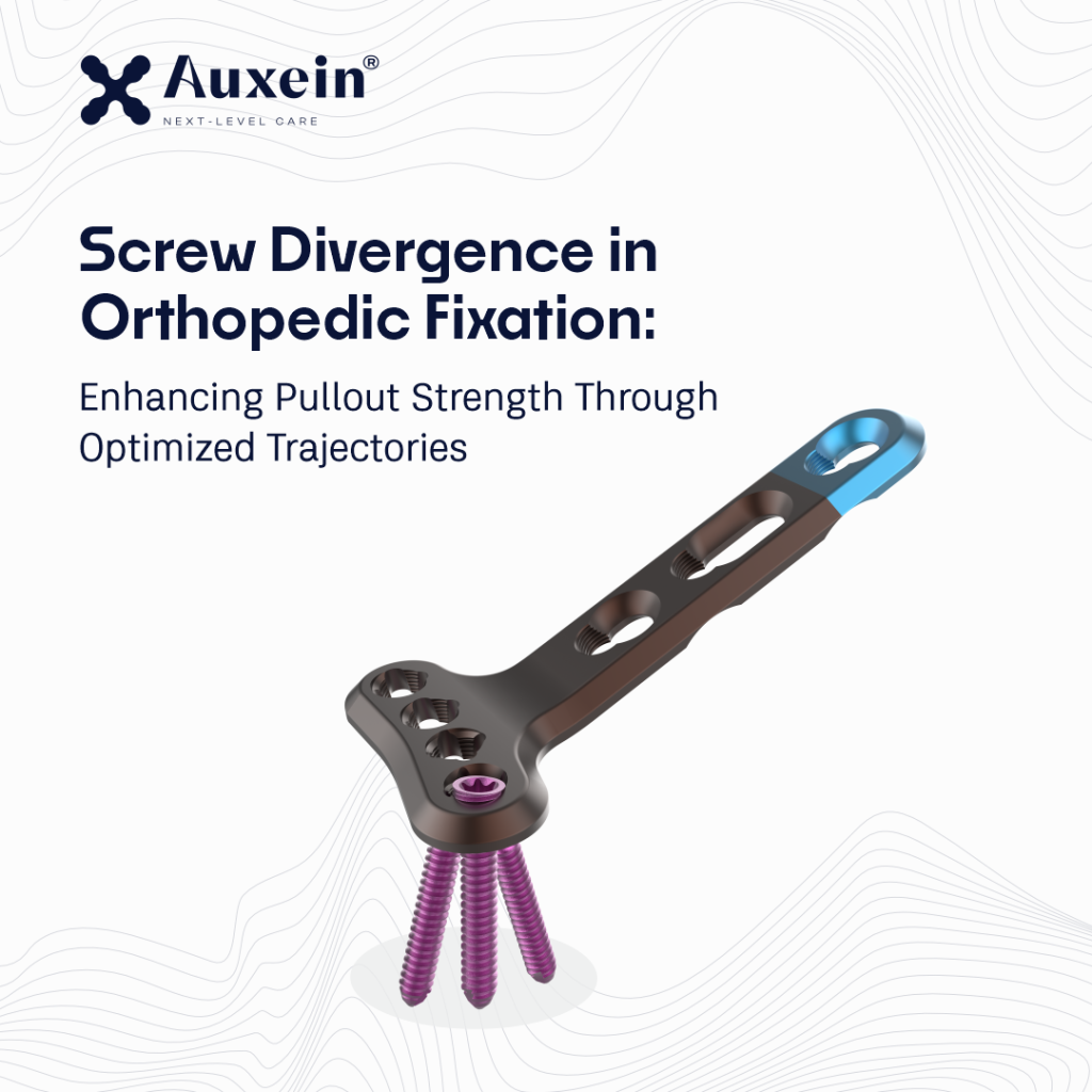 Cover slide with Auxein logo, title on screw divergence in orthopedic fixation, and a metallic fixation plate with purple screws.
