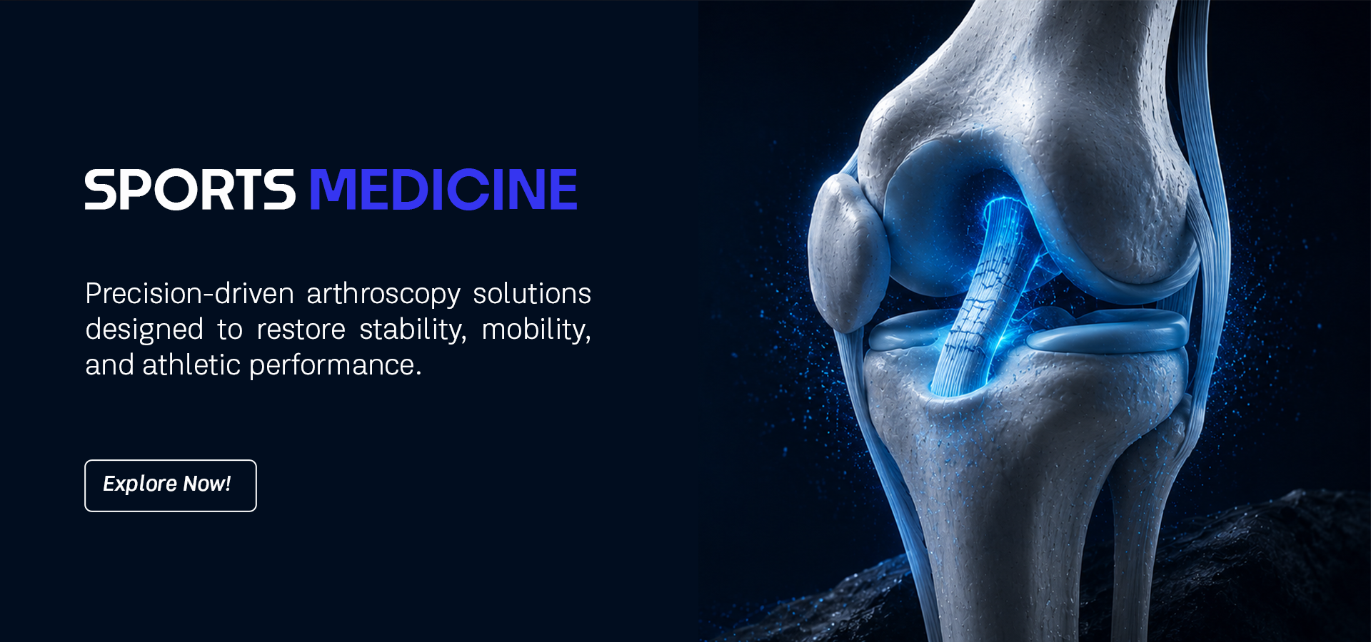 Hero banner with 'SPORTS MEDICINE' text on the left and a glowing blue knee joint on the right, over a dark blue background.