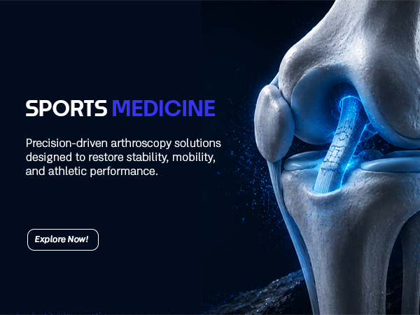 Hero banner for Sports Medicine: left dark panel with 'SPORTS MEDICINE' and the subheading about precision arthroscopy; knee joint with a glowing blue implant on the right and an Explore Now button.