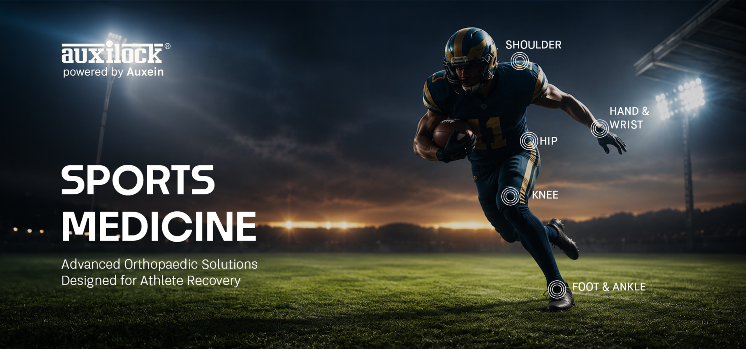 Athlete sprinting on a stadium field at dusk with labels for shoulder, hip, knee, hand/wrist, and foot/ankle for sports medicine.