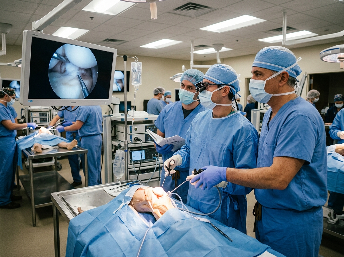 Surgical team in blue scrubs around a patient on an operating table, monitor shows endoscopic view of the procedure.