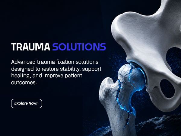 Hero banner for Trauma Solutions: dark blue background, white/blue title, and a fractured hip bone on the right with a call-to-action 'Explore Now!'