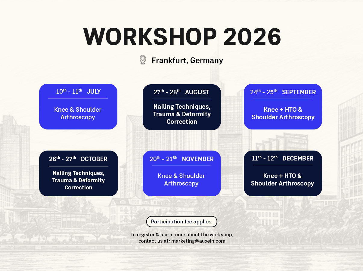 Poster for Workshop 2026 with six rounded cards showing dates and topics (Knee & Shoulder Arthroscopy; Nailing Techniques; Trauma & Deformity Correction) over a faint cityscape background.