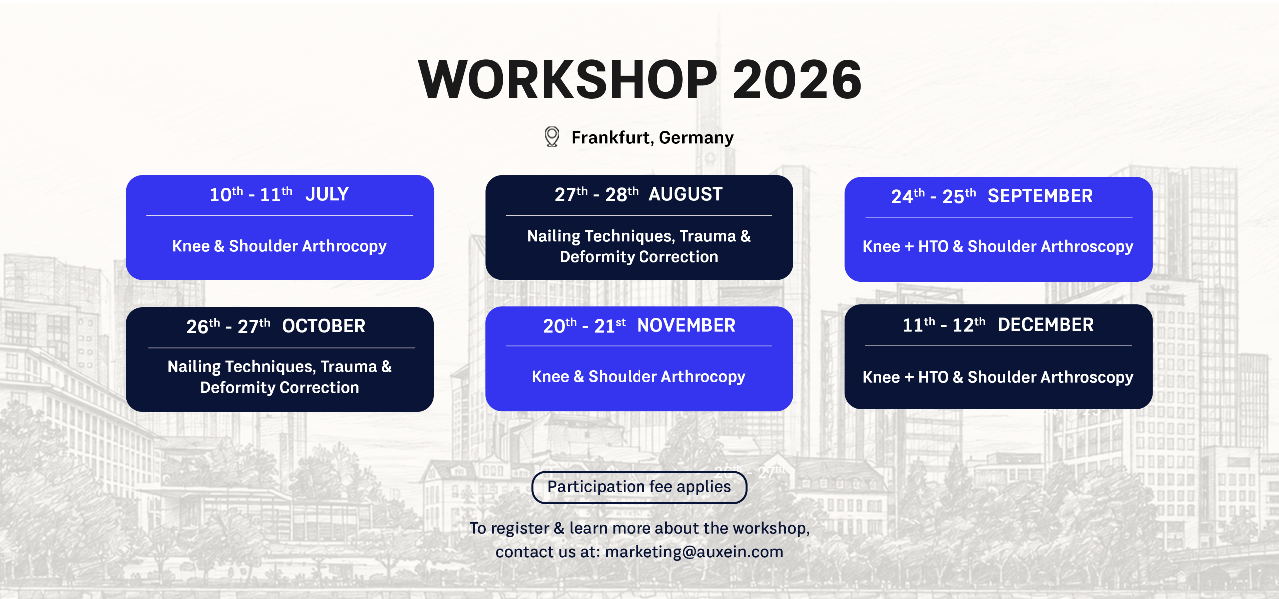 Workshop 2026 schedule cards arranged in a grid showing dates and topics (knee & shoulder arthroscopy; nailing techniques; trauma & deformity correction) in Frankfurt, Germany.