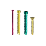 Four color-coated screws (pink, gold, teal, and brass) arranged vertically in a row.