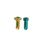 Two metallic screws side by side, one gold and one blue-green, with Phillips heads and knurled bodies.