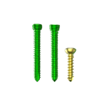 Three screws lined up: two green-coated wood screws and one smaller gold screw beside them.