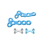 Set of blue anodized metal bicycle chain link plates and spacers arranged on a white background