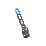 Orthopedic bone plate with multiple screw holes and a blue anodized tip, used for internal fracture fixation.
