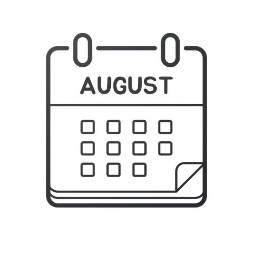 Calendar icon showing the month August with a grid of days, folded corner visible.