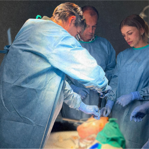 Surgical team in blue gowns and gloves performing an operation in an operating room.