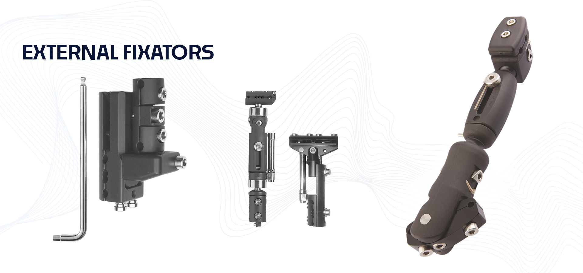 External fixators and rods for limb fracture stabilization shown against a wavey line background.