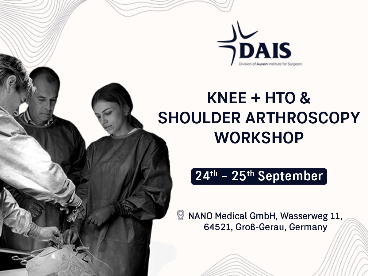 Surgeons in an operating room performing arthroscopy; poster for a knee and shoulder workshop with dates and venue.