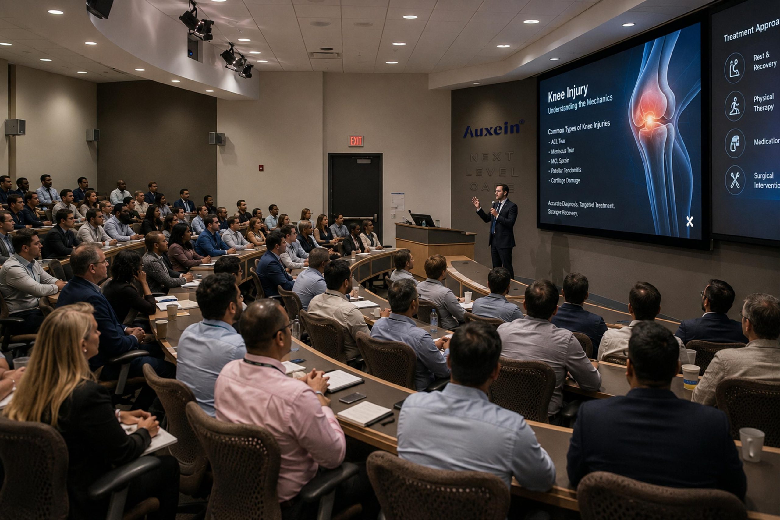 Presenter in a suit speaks from a podium to a large audience in a lecture hall, with a knee-injury slide on the screen.
