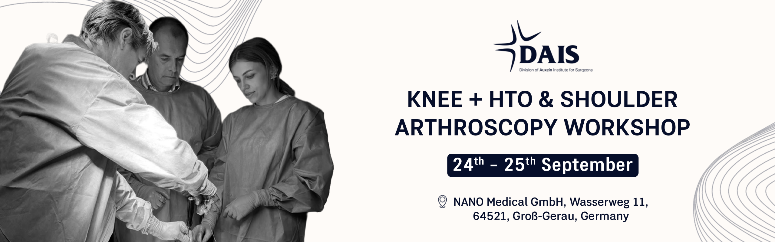 Banner showing surgeons at a knee arthroscopy workshop on the left and the event title on the right, with dates '24–25 September' and location details.