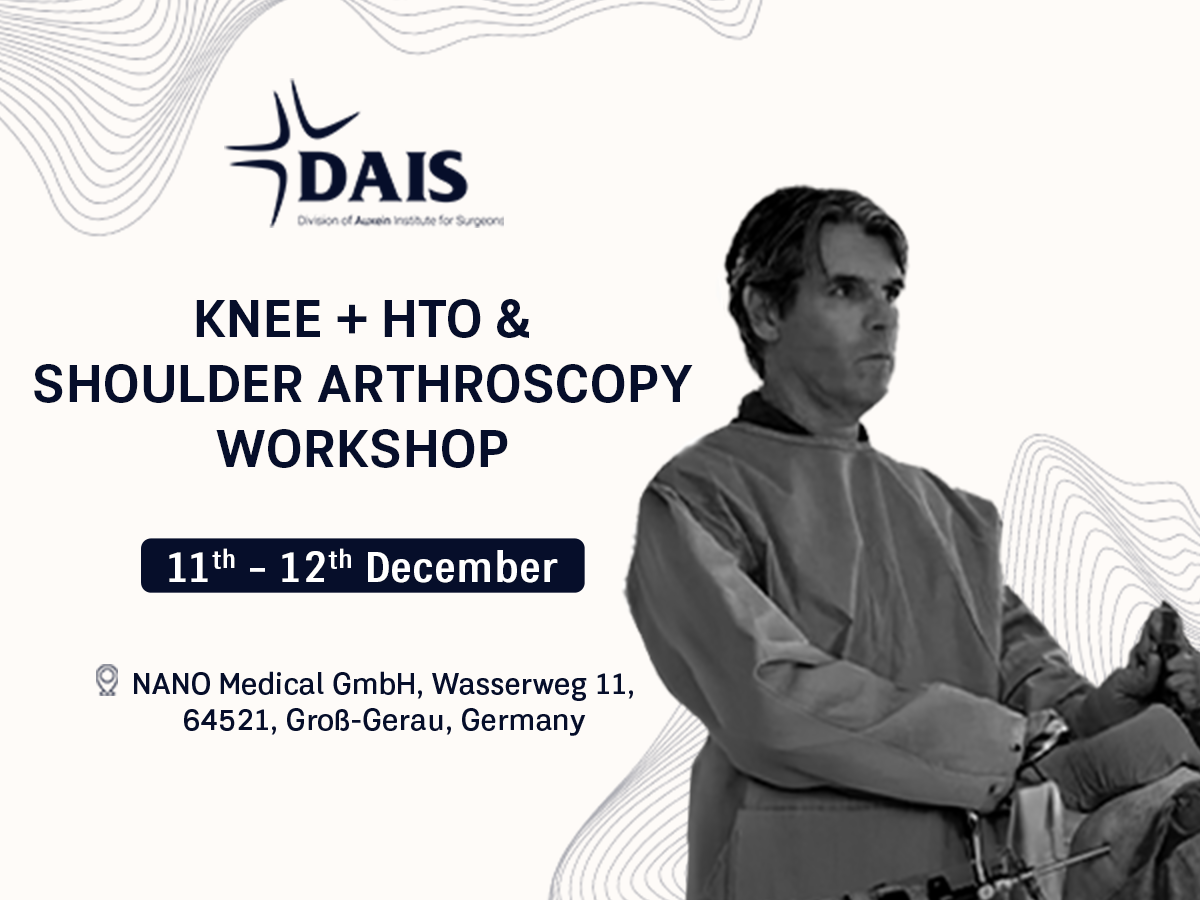 Poster advertising Knee & Shoulder Arthroscopy Workshop, 11–12 December, at NANO Medical GmbH, Groß-Gerau, Germany; surgeon in scrubs pictured on the right.