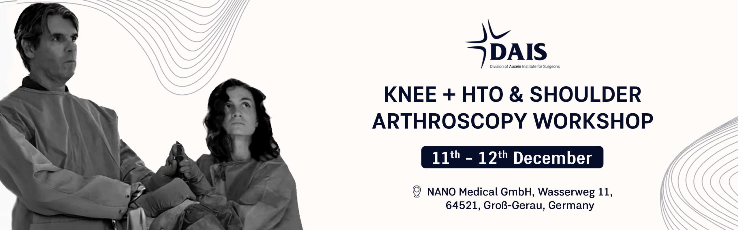 Banner advertising DAIS Knee, HTO & Shoulder Arthroscopy Workshop with two surgeons on the left and event details on the right.
