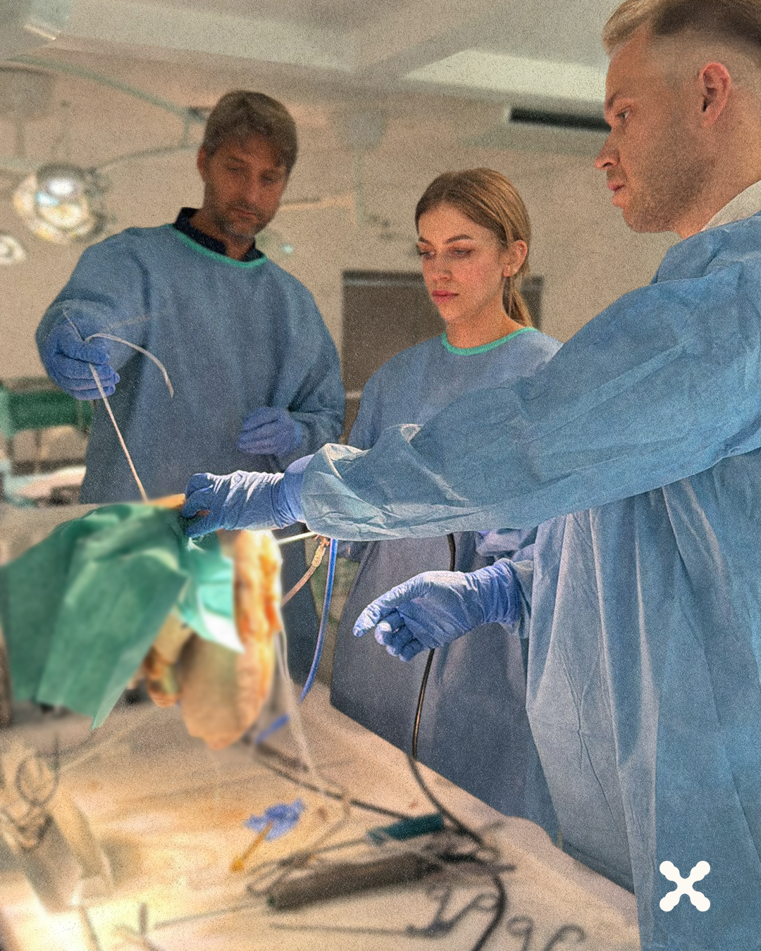 Three surgeons in blue gowns and gloves perform surgery around a patient on an operating table, with instruments and tubing visible.