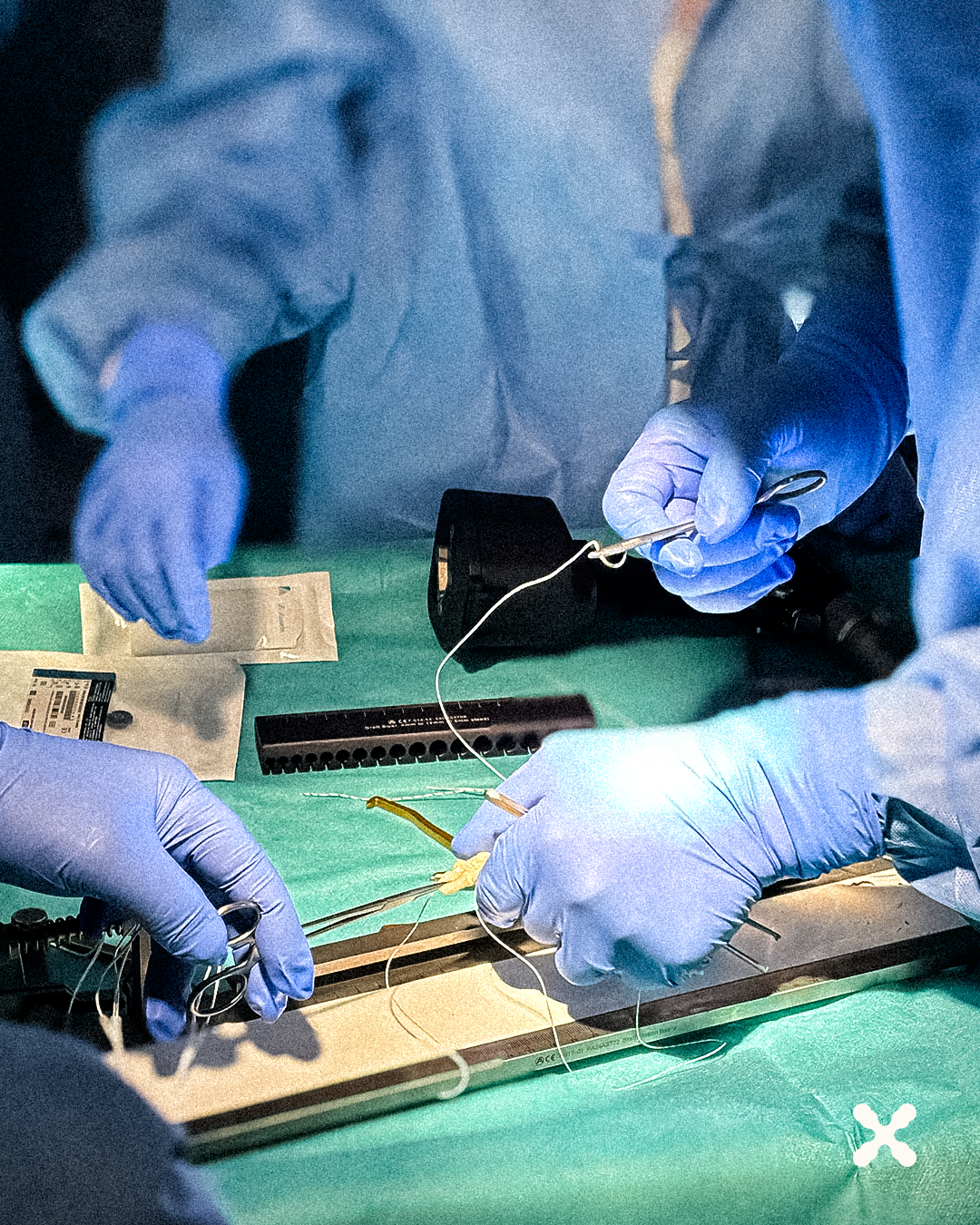 Surgeons in sterile gowns and blue gloves perform a delicate operation, using sutures and instruments on a green sterile table.