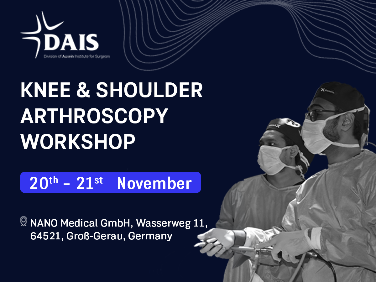Knee & shoulder arthroscopy workshop banner with DAIS logo and surgeons in scrubs; dates 20th-21st November, NANO Medical GmbH, Germany (Groß-Gerau)