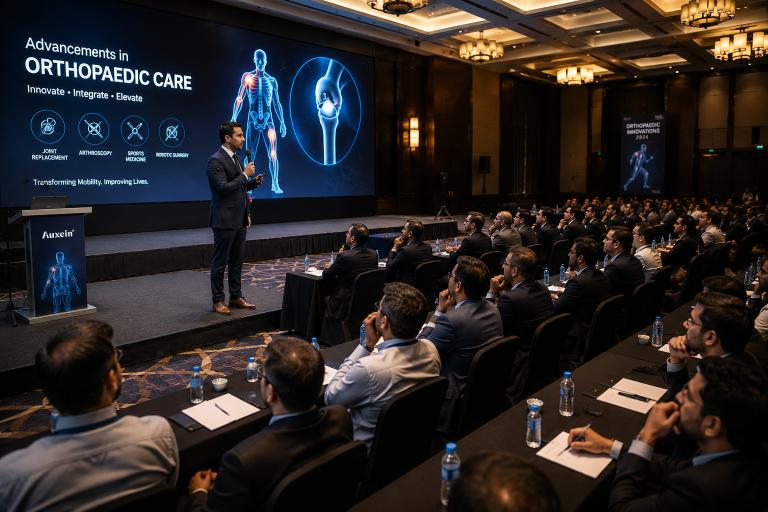 Speaker presents on a stage to a seated audience at a conference on Advancements in Orthopedic Care; large screen shows bone and knee diagrams behind him.