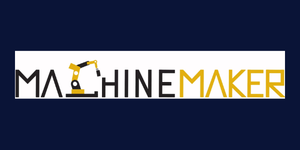 Logo for MACHINE MAKER with a yellow robotic arm image integrated into the text, on a white badge against a dark blue background.