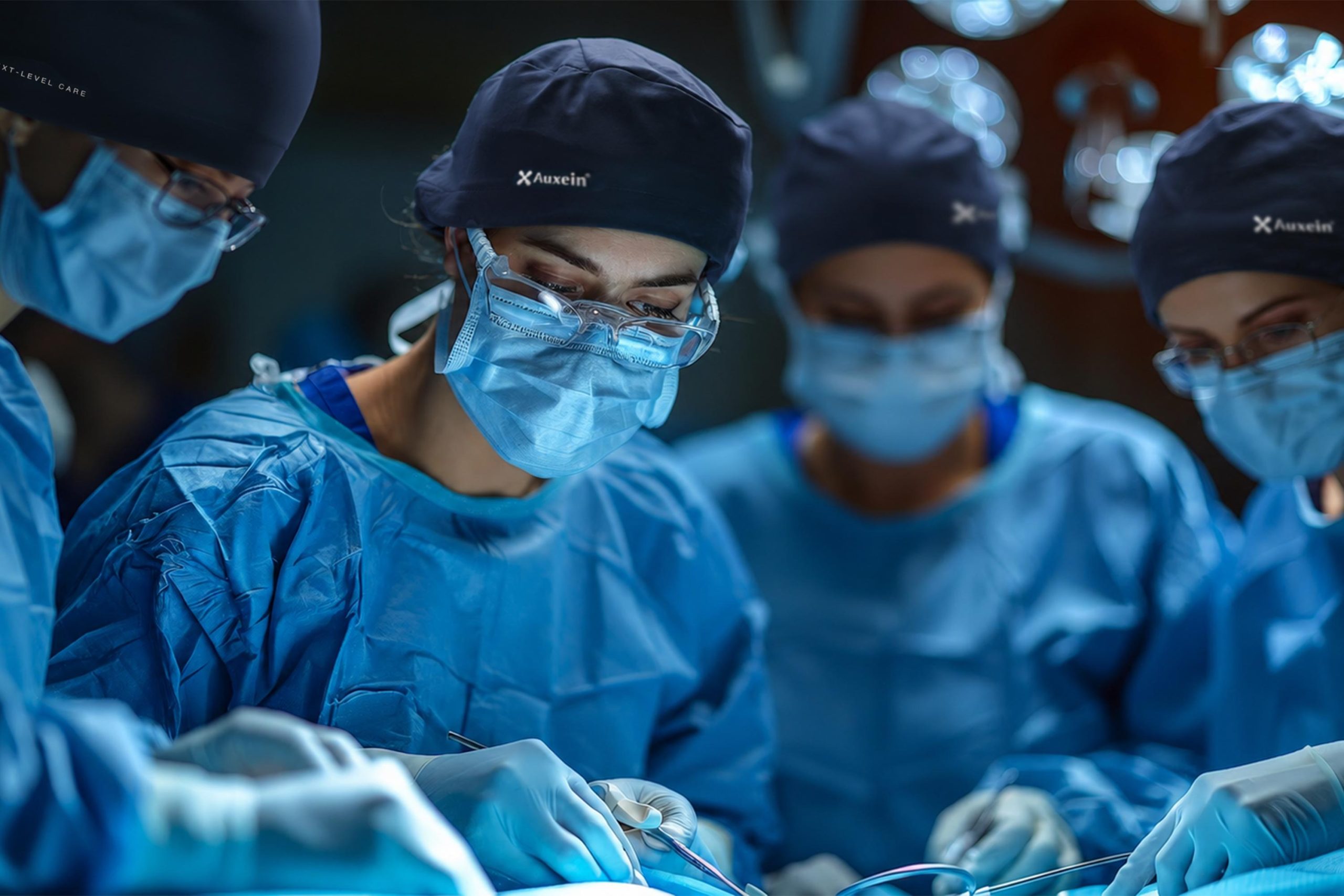 A team of surgeons in blue scrubs and masks performing surgery in an operating room.