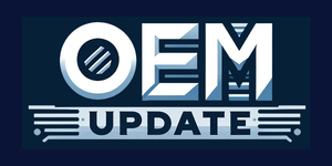 OEM UPDATE logo banner in blue tones with bold, metallic lettering and decorative horizontal lines.