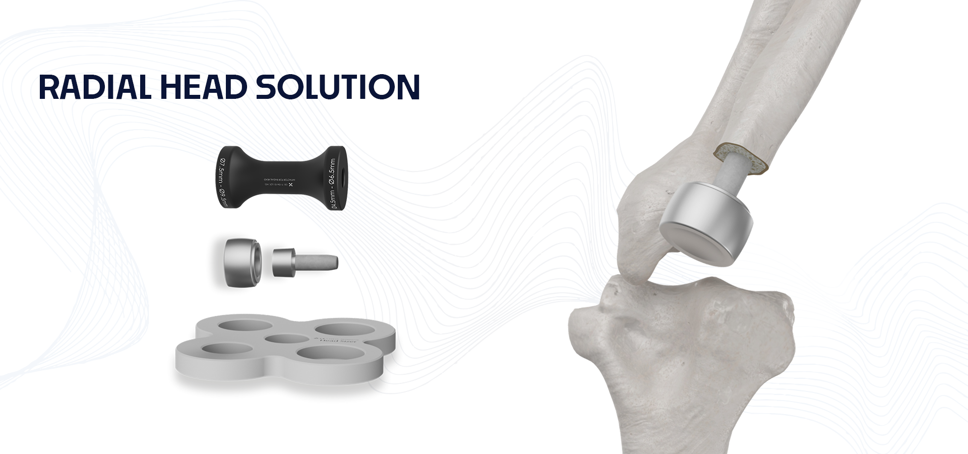 Advertisement banner showing radial head solution implants: disassembled metallic prosthetic components and a bone model on a white background.